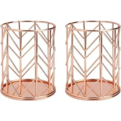 Metal Pen Holder Pencil Pot Pen Multifunction Hollow Pencil Holder Stationery Storage Organizer Container For Home, School, Office 2 Pieces (Rose Gold)