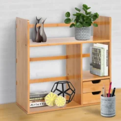 HOMCOM Desk Organiser Desktop Bookshelf 180 Degree Rotatable 2 Drawers Bamboo -Office Furniture Store 9673296 3