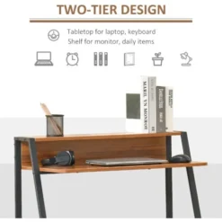 HOMCOM 2-Tier Storage Computer Workstation With Shelf, Metal Frame Walnut -Office Furniture Store 9843036 4